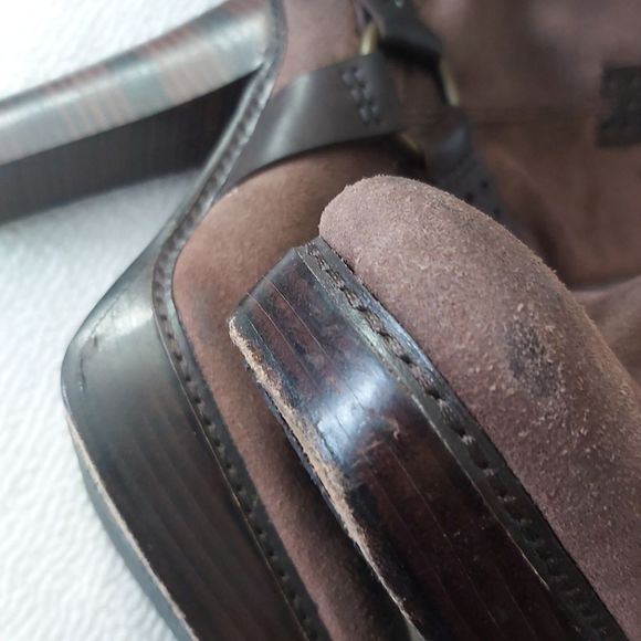 Frye Harmony heel suede leather boots brown harness platform - Picture 11 of 16